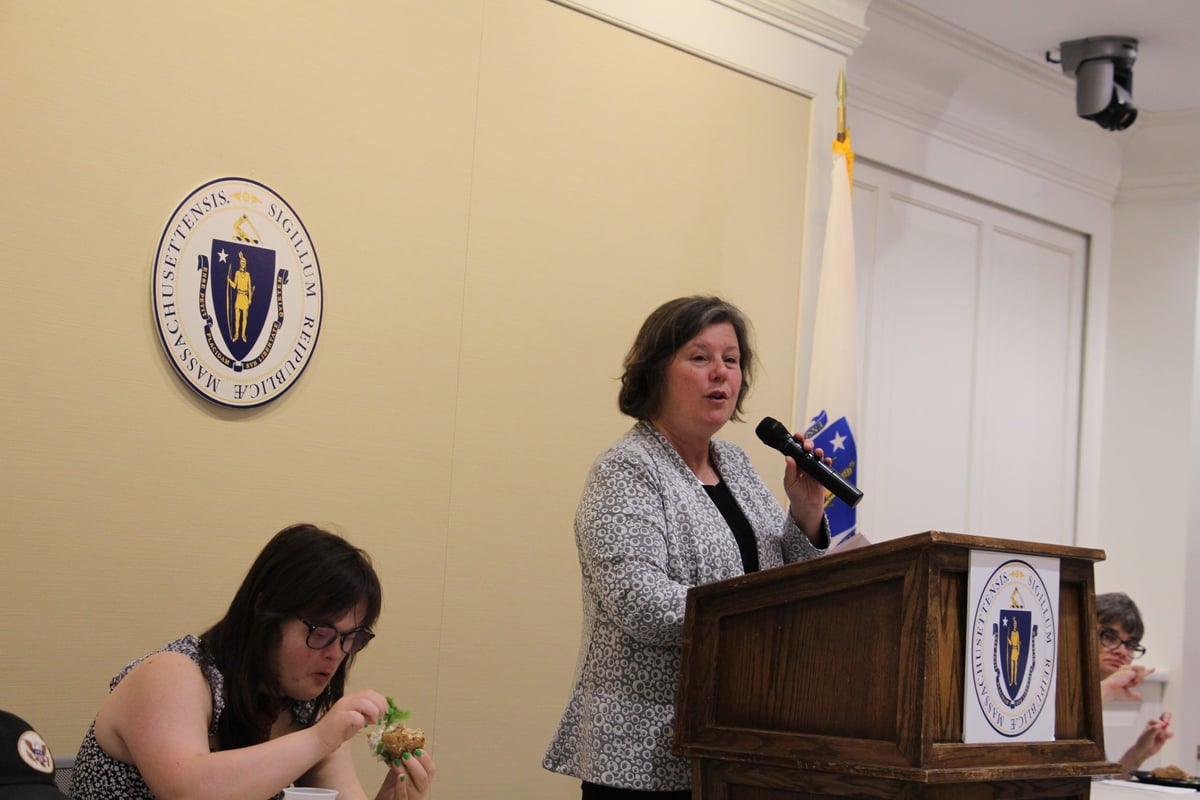 State Senator Jo Comerford is a middle-aged woman with a light skin tone and chin-length brown hair. She speaks at a podium at the Massachusetts State House.